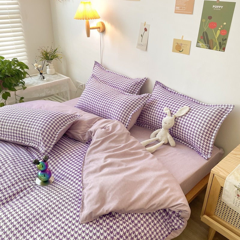 Conjunto De Cama Houndstooth Roxo E Branco