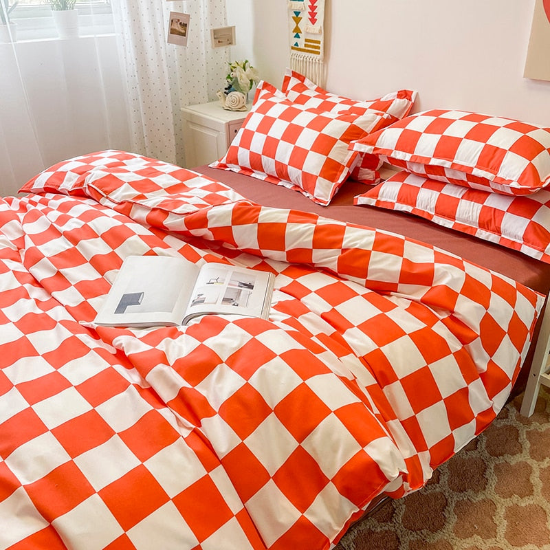 Conjunto De Cama Xadrez Branco E Vermelho