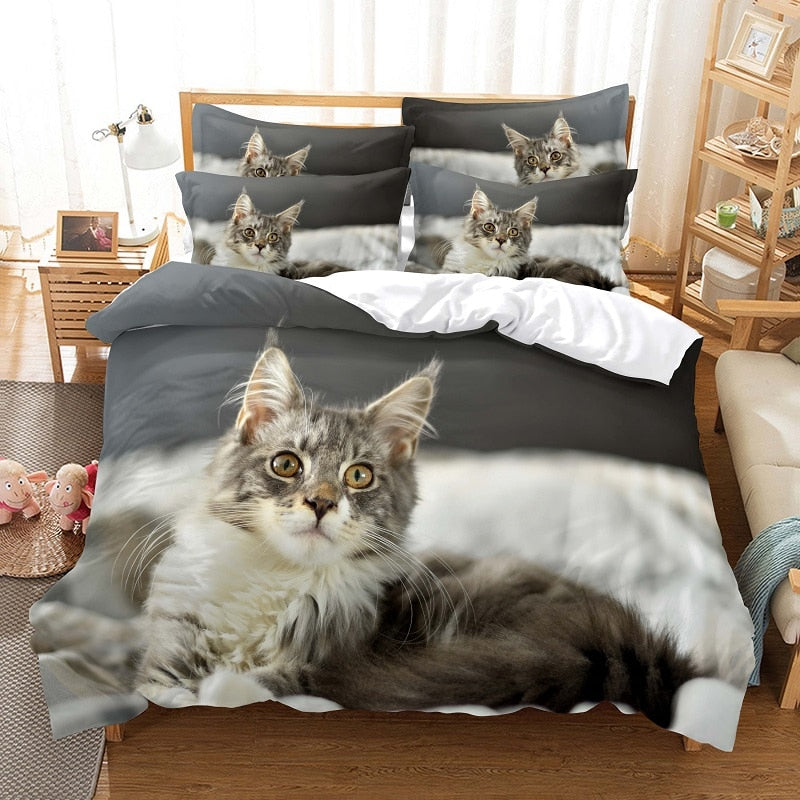 Capa De Edredon Gato Maine Coon Cinza E Branco