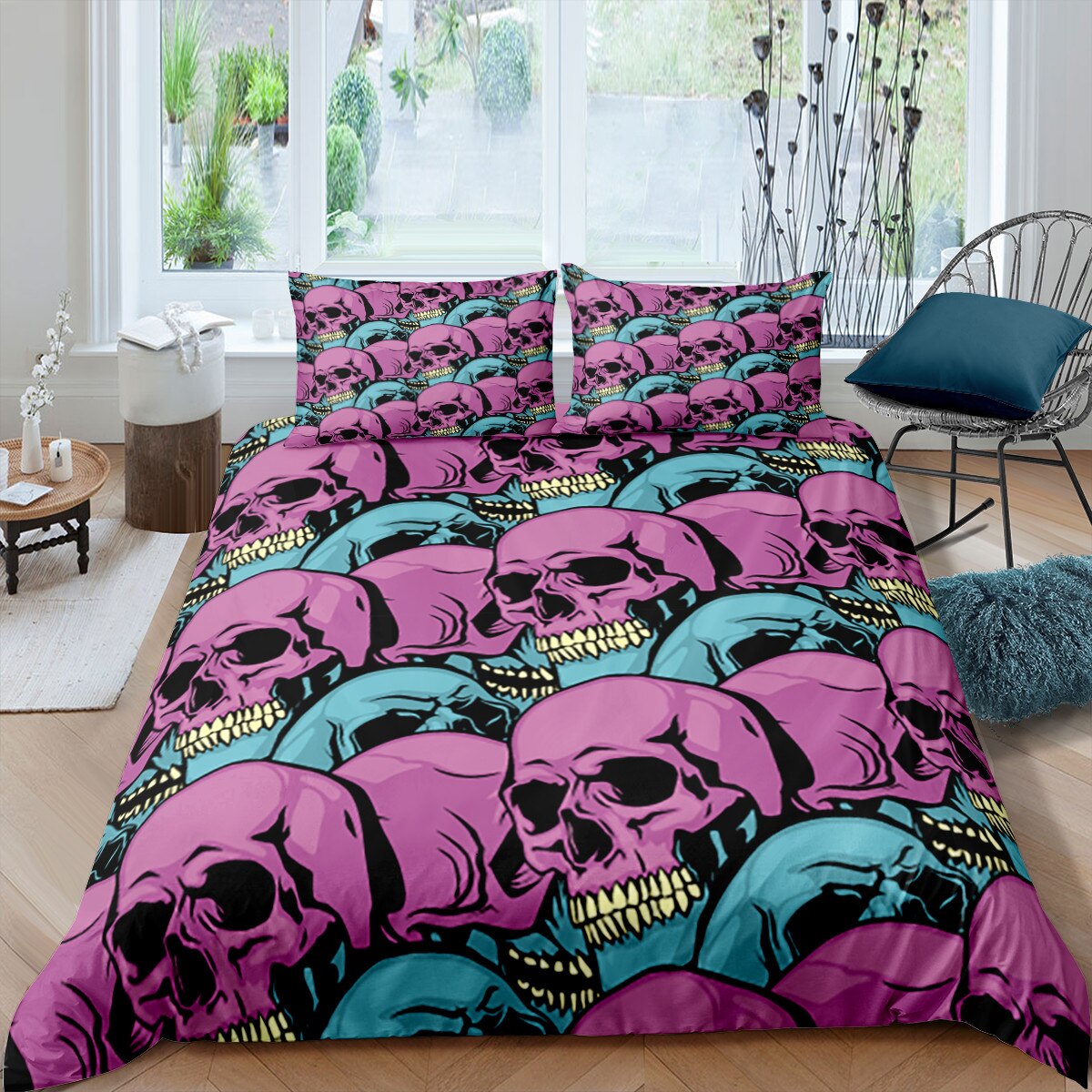 Capa De Edredom De Caveira Rosa E Azul
