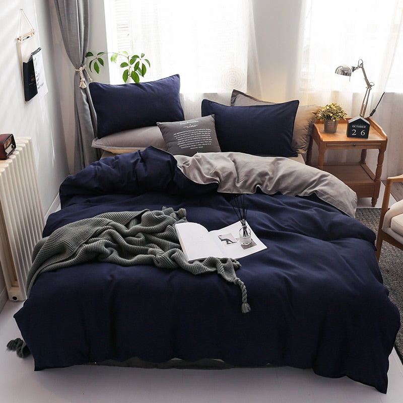 Conjunto De Cama Reversível Azul Escuro E Cinza