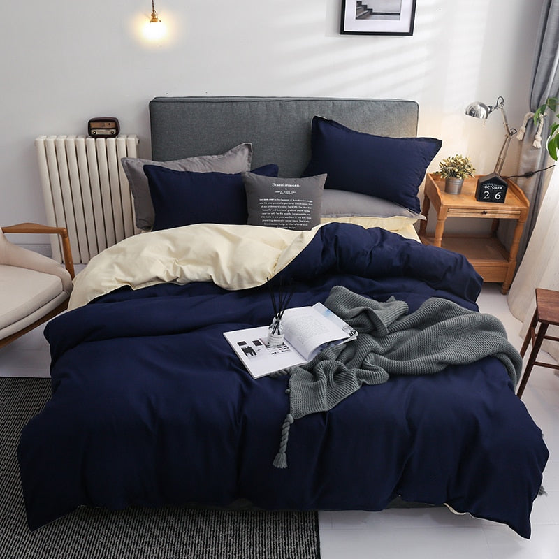Conjunto De Cama Reversível Azul E Bege