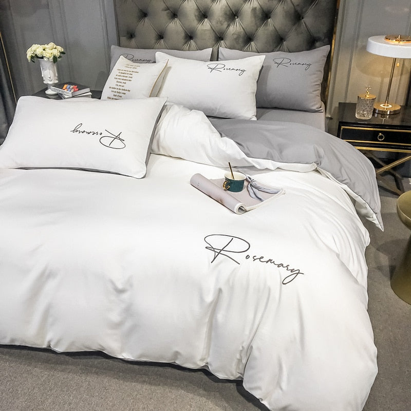 Conjunto De Roupa De Cama Simples Com Letras Bordadas Em Branco E Cinza