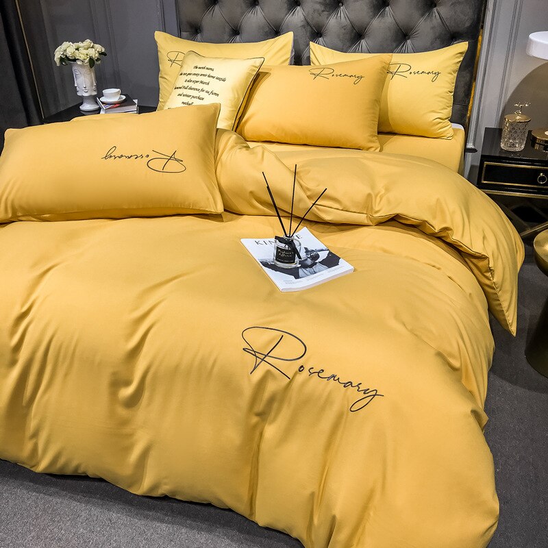 Conjunto De Cama Liso Bordado Amarelo Mostarda