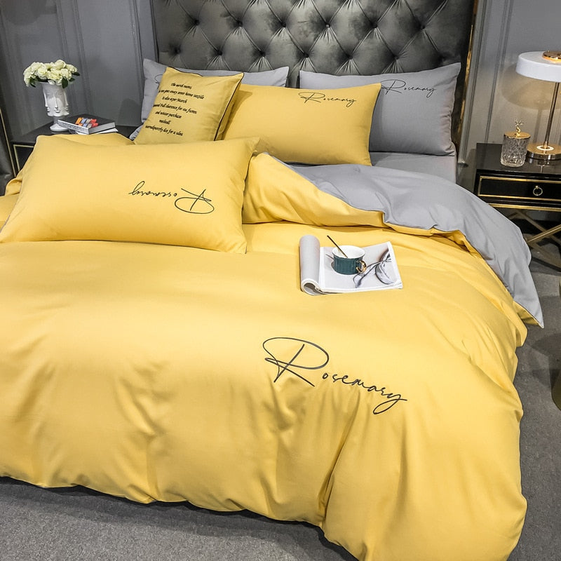 Conjunto De Roupa De Cama Simples Com Letras Bordadas Em Amarelo E Cinza