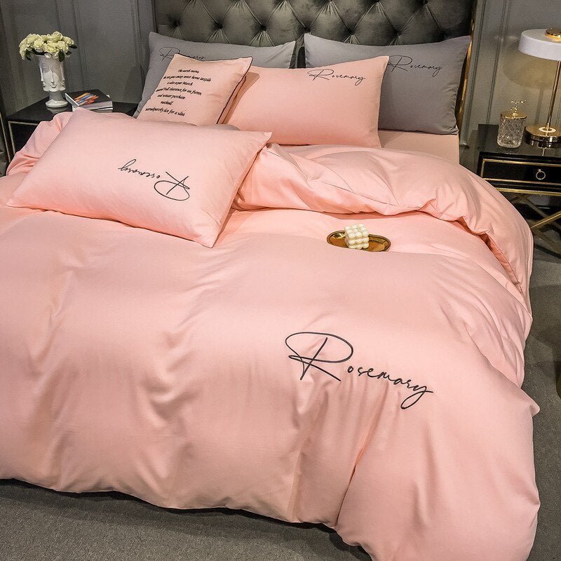 Conjunto De Cama Simples Com Letras Bordadas Rosa