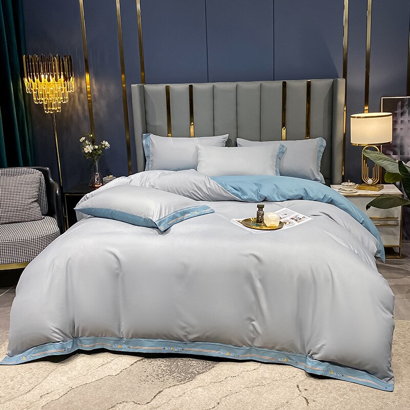 Conjunto De Cama 100% Algodão Cinza E Azul