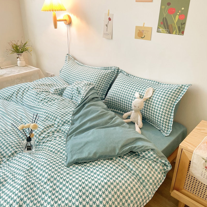 Conjunto De Cama Xadrez Branco E Azul
