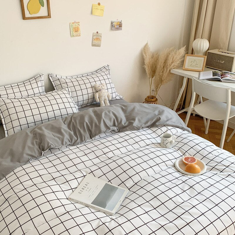 Conjunto De Cama Xadrez Branco E Cinza