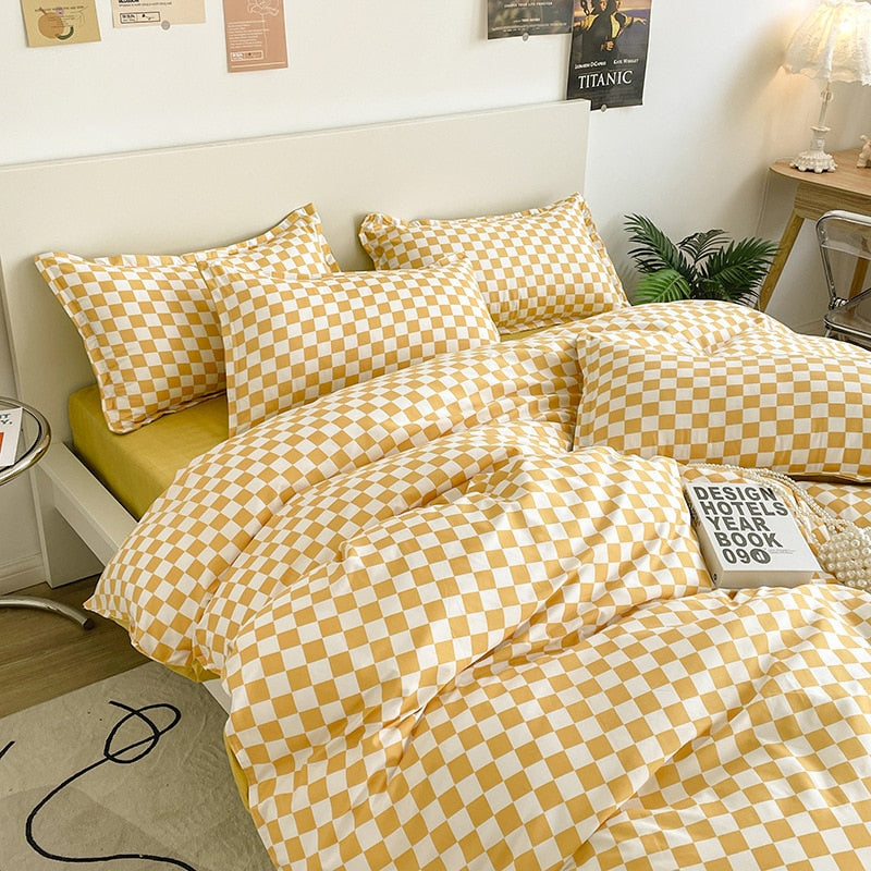 Conjunto De Cama Xadrez Amarelo E Branco