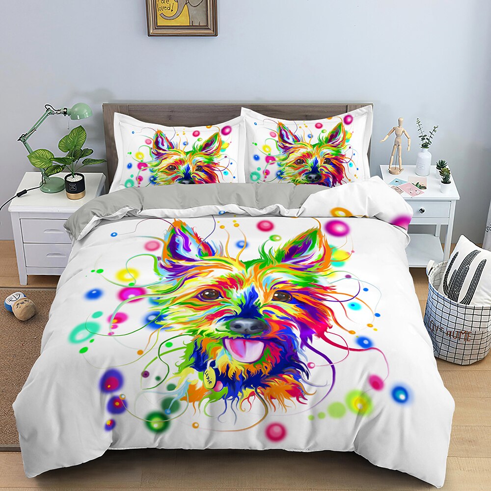 Capa De Edredom Branca Yorkshire Terrier Multicolorida