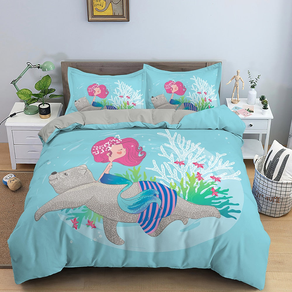Capa De Edredom Sereia Nadando Com Urso