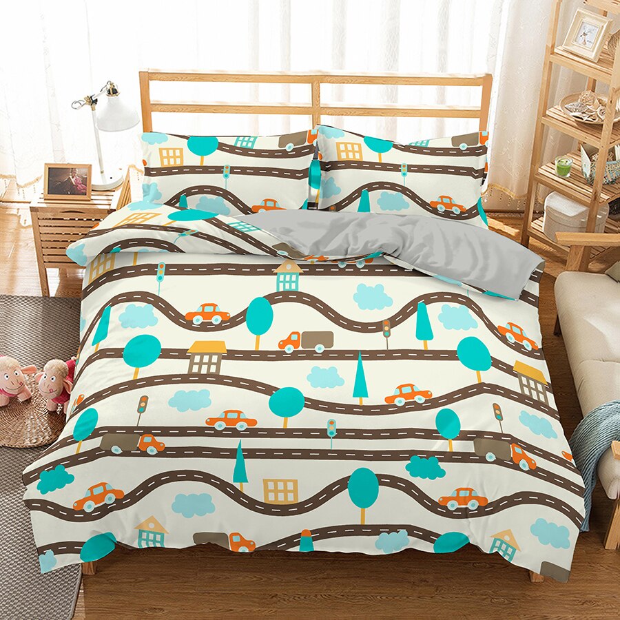 Capa De Edredom Laranja Azul E Marrom Carrinho De Brinquedo