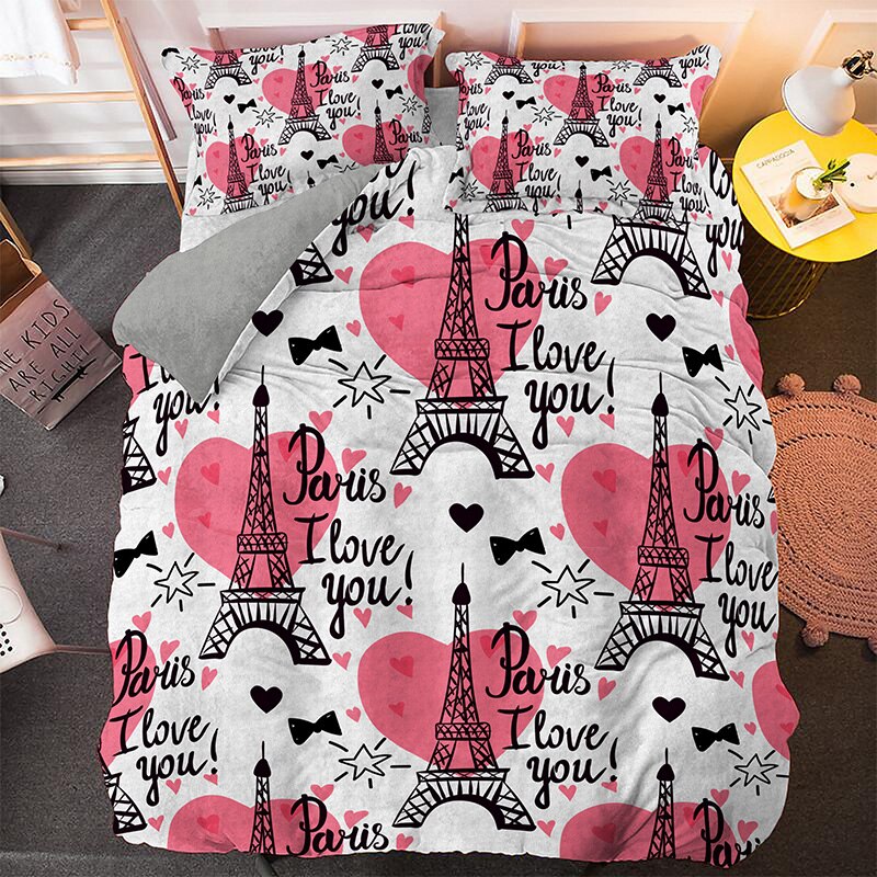 Capa De Edredon Torre Eiffel E Coração Rosa