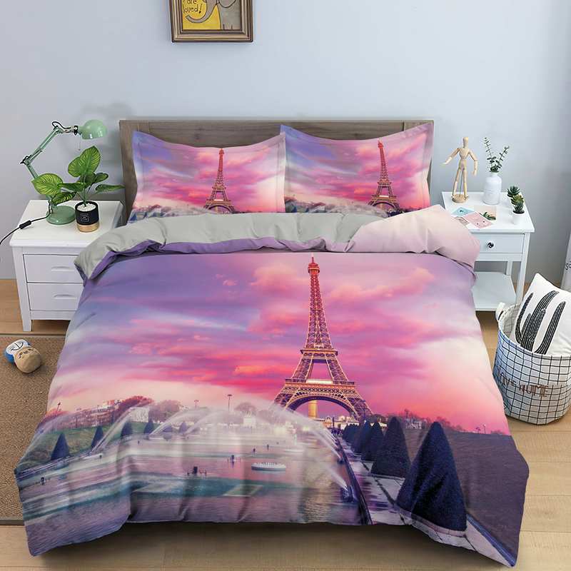 Capa De Edredom Torre Eiffel Sob Um Pôr Do Sol Rosa