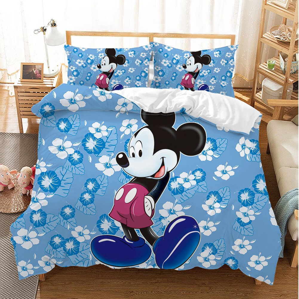 Capa De Edredom Mickey Azul Com Flores Brancas