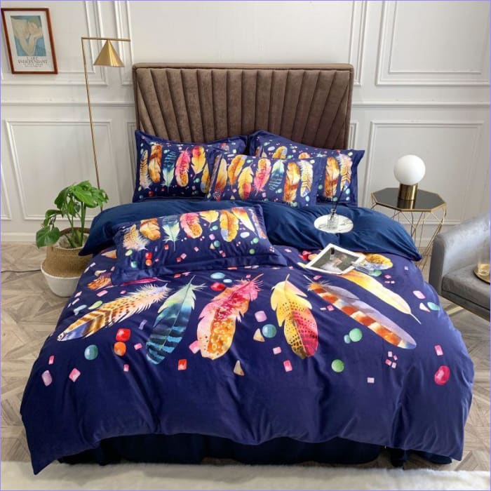 Capa De Edredom De Penas Coloridas Azul E Branco