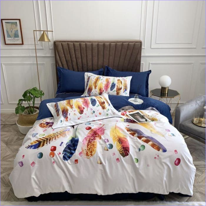 Capa De Edredom De Penas Coloridas Azul E Branco
