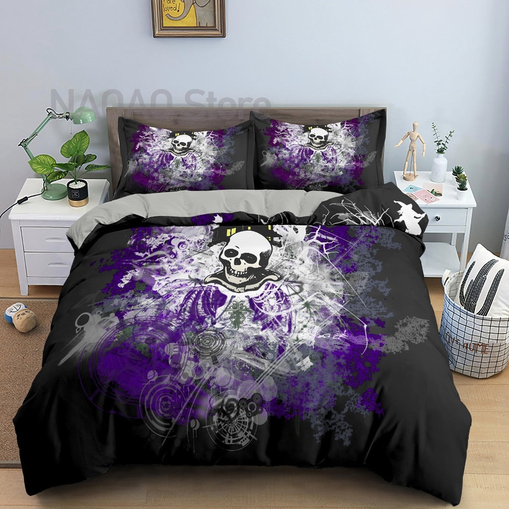 Conjunto De Cama De Caveira Preto E Roxo